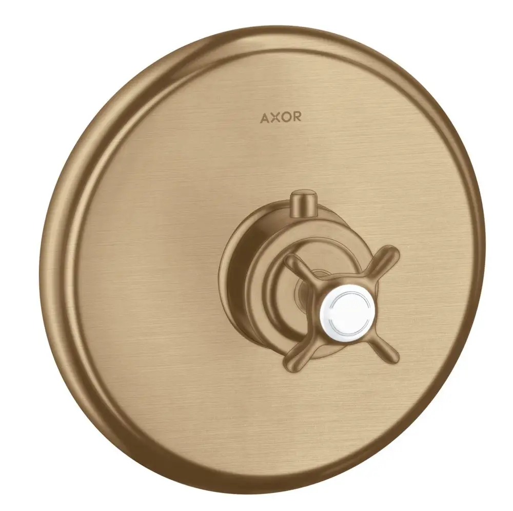 Thermostatunterputz mit Kreuzgriff in Brushed Bronze von AXOR, rundes Gehäuse mit zentralem Bedienknopf, klare Linienführung, zur Wandmontage geeignet.